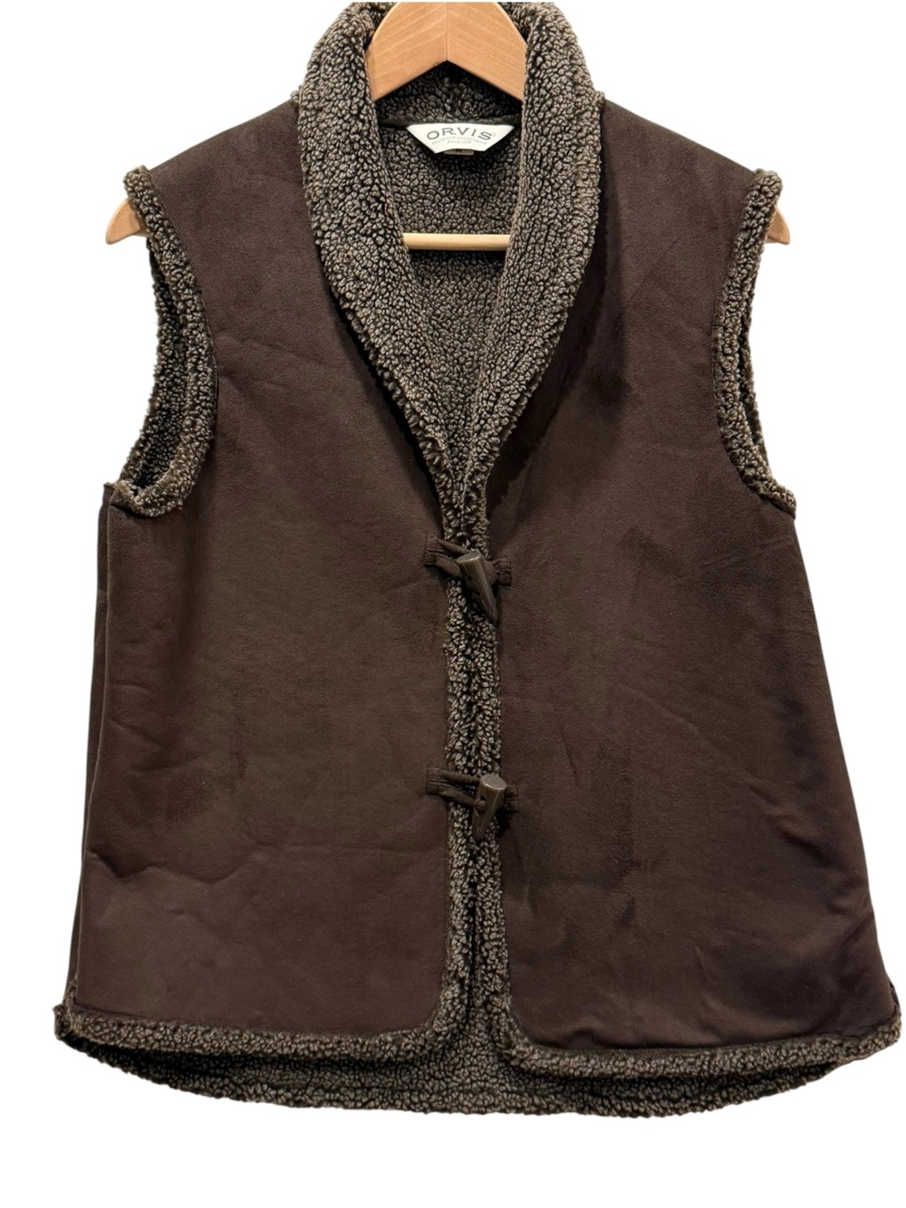 Orvis Faux Shearling Toggle Vest Brown Women’s M Fall Heritage New England Prepp
